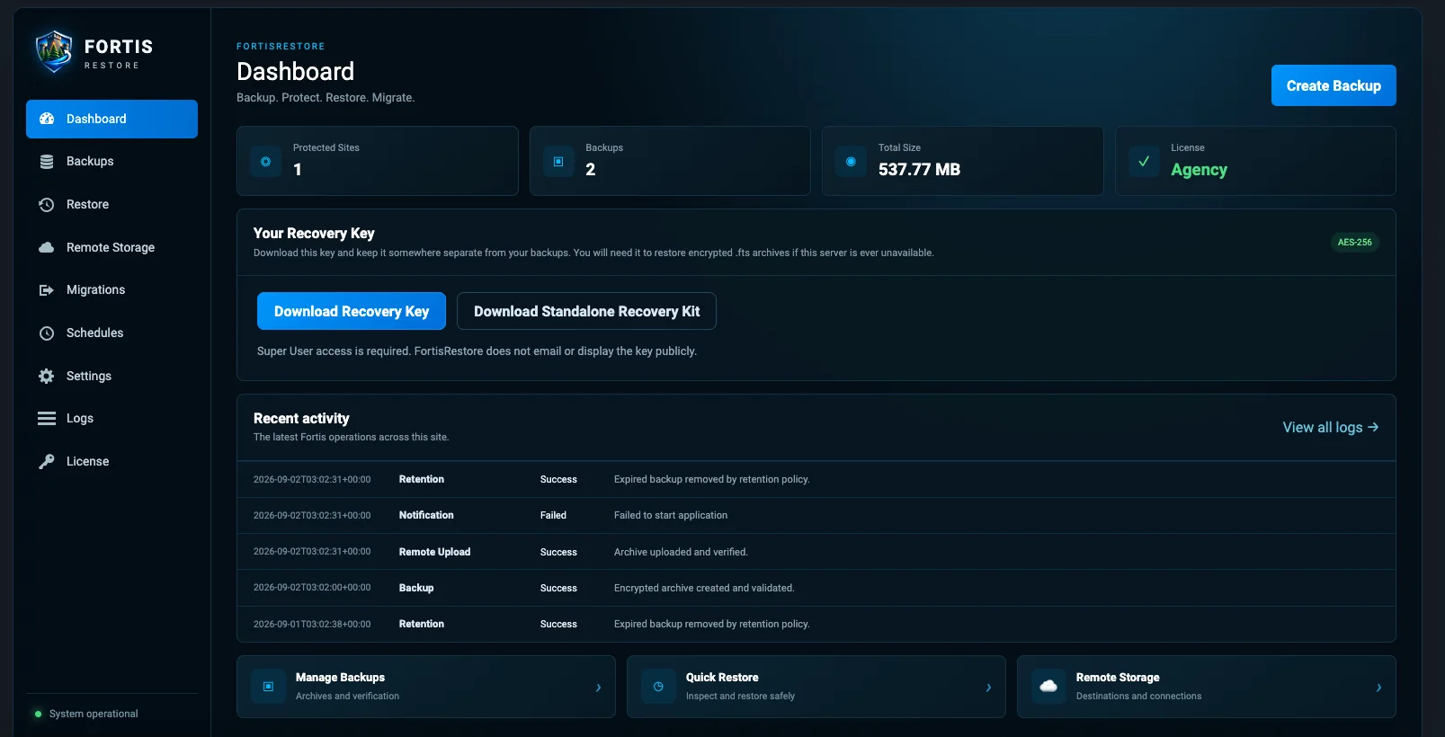 Full Fortis Restore application dashboard
